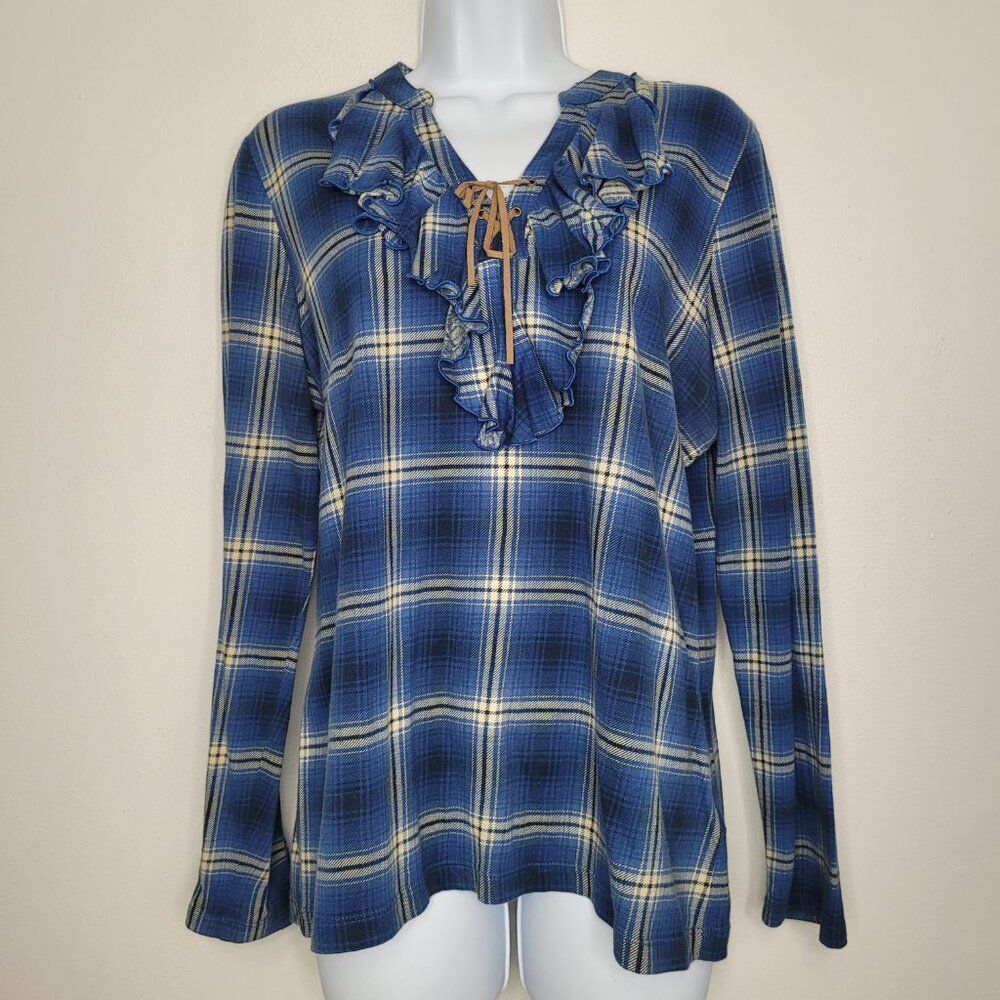 Chaps blue tan plaid ruffle print cottage western y2k vibes preppy top size L